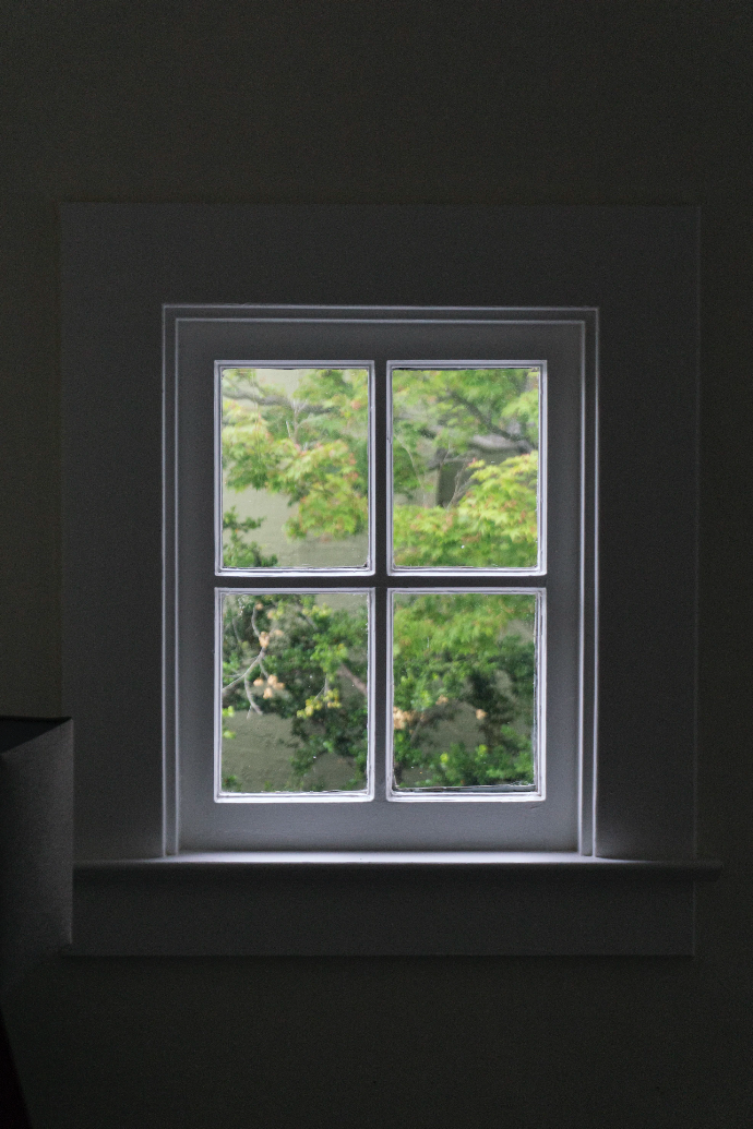 Wit raam met donkere contrasten en uitzicht op een binnenplein met veel groen